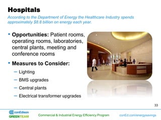 Hospitals
According to the Department of Energy the Healthcare Industry spends
approximately $8.8 billion on energy each year.


• Opportunities: Patient rooms,
  operating rooms, laboratories,
  central plants, meeting and
  conference rooms
• Measures to Consider:
   –   Lighting
   –   BMS upgrades
   –   Central plants
   –   Electrical transformer upgrades
                                                                                           33


                  Commercial & Industrial Energy Efficiency Program   conEd.com/energysavings
 