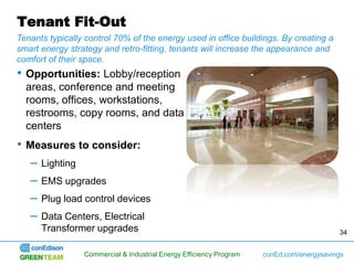 Tenant Fit-Out
Tenants typically control 70% of the energy used in office buildings. By creating a
smart energy strategy and retro-fitting, tenants will increase the appearance and
comfort of their space.
•   Opportunities: Lobby/reception
    areas, conference and meeting
    rooms, offices, workstations,
    restrooms, copy rooms, and data
    centers
•   Measures to consider:
    –   Lighting
    –   EMS upgrades
    –   Plug load control devices
    –   Data Centers, Electrical
        Transformer upgrades                                                                34


                   Commercial & Industrial Energy Efficiency Program   conEd.com/energysavings
 