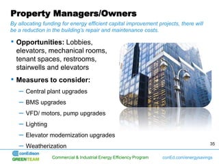 Property Managers/Owners
By allocating funding for energy efficient capital improvement projects, there will
be a reduction in the building’s repair and maintenance costs.

• Opportunities: Lobbies,
  elevators, mechanical rooms,
  tenant spaces, restrooms,
  stairwells and elevators
• Measures to consider:
   –   Central plant upgrades
   –   BMS upgrades
   –   VFD/ motors, pump upgrades
   –   Lighting
   –   Elevator modernization upgrades
   –   Weatherization                                                                      35


                  Commercial & Industrial Energy Efficiency Program   conEd.com/energysavings
 