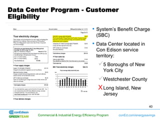 Data Center Program - Customer
Eligibility
                                             •   System’s Benefit Charge
                                                 (SBC)
                                             •   Data Center located in
                                                 Con Edison service
                                                 territory:
                                                 5 Boroughs of New
                                                     York City
                                                 Westchester County
                                                 X Long Island, New
                                                     Jersey

                                                                                 40

        Commercial & Industrial Energy Efficiency Program     conEd.com/energysavings
 