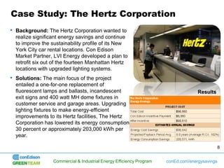 Case Study: The Hertz Corporation
• Background: The Hertz Corporation wanted to
  realize significant energy savings and continue
  to improve the sustainability profile of its New
  York City car rental locations. Con Edison
  Market Partner, LVI Energy developed a plan to
  retrofit six out of the fourteen Manhattan Hertz
  locations with upgraded lighting systems.
• Solutions: The main focus of the project
  entailed a one-for-one replacement of
  fluorescent lamps and ballasts, incandescent                                      Results
  exit signs and 400 watt MH dome fixtures in
  customer service and garage areas. Upgrading
  lighting fixtures to make energy-efficient
  improvements to its Hertz facilities, The Hertz
  Corporation has lowered its energy consumption
  30 percent or approximately 203,000 kWh per
  year.

                                                                                              8


                  Commercial & Industrial Energy Efficiency Program   conEd.com/energysavings
 