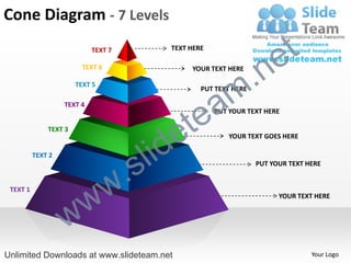 Cone Diagram - 7 Levels
                            TEXT 7           TEXT HERE

                                                                          e t
                                                               .n
                         TEXT 6                   YOUR TEXT HERE



                                                             m
                       TEXT 5



                                                  a
                                                     PUT TEXT HERE




                                                te
                   TEXT 4
                                                         PUT YOUR TEXT HERE

              TEXT 3



                                            ide             YOUR TEXT GOES HERE

          TEXT 2


                                    .   s l                          PUT YOUR TEXT HERE


 TEXT 1


                     w            w                                        YOUR TEXT HERE



                   w
Unlimited Downloads at www.slideteam.net                                            Your Logo
 