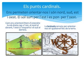 Els punts cardinals.
 Ens permeten orientar-nos i són nord, sud, est
 i oest. El sol surt per l´est i es pon per l´oest.
Com ens orientem?Hem d´estendre
 la mà dreta cap a l´est, al nord al      La brúixola serveix per orientar-
davant, l´oest a l´esquerra i el sud al   nos en qualsevol lloc de la terra.
              darrera.
 