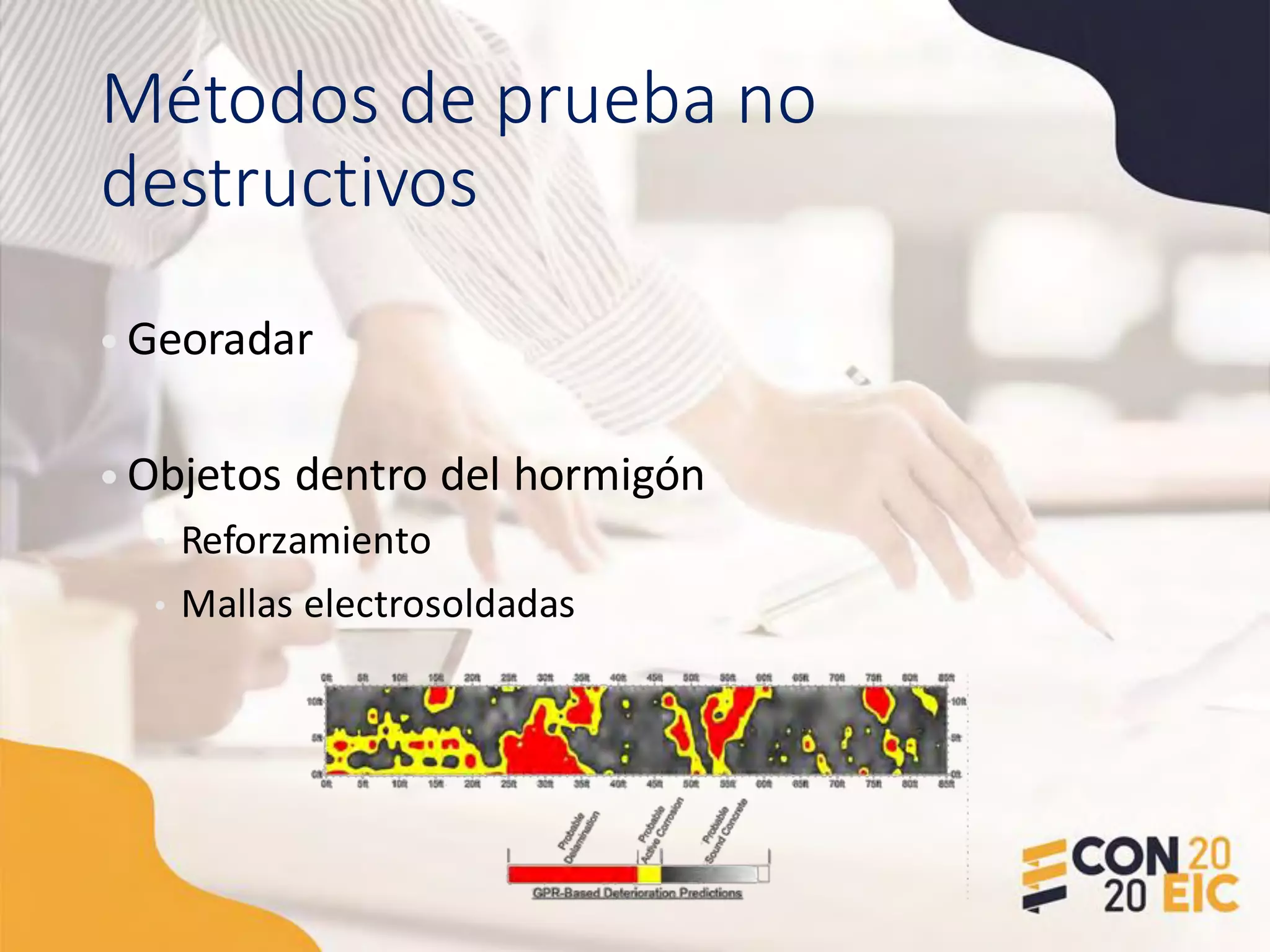 Métodos de prueba no
destructivos
• Georadar
• Objetos dentro del hormigón
• Reforzamiento
• Mallas electrosoldadas
 