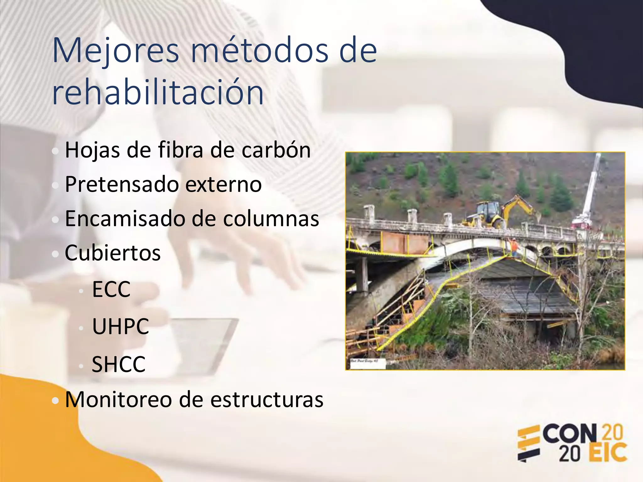 Mejores métodos de
rehabilitación
• Hojas de fibra de carbón
• Pretensado externo
• Encamisado de columnas
• Cubiertos
• ECC
• UHPC
• SHCC
• Monitoreo de estructuras
 