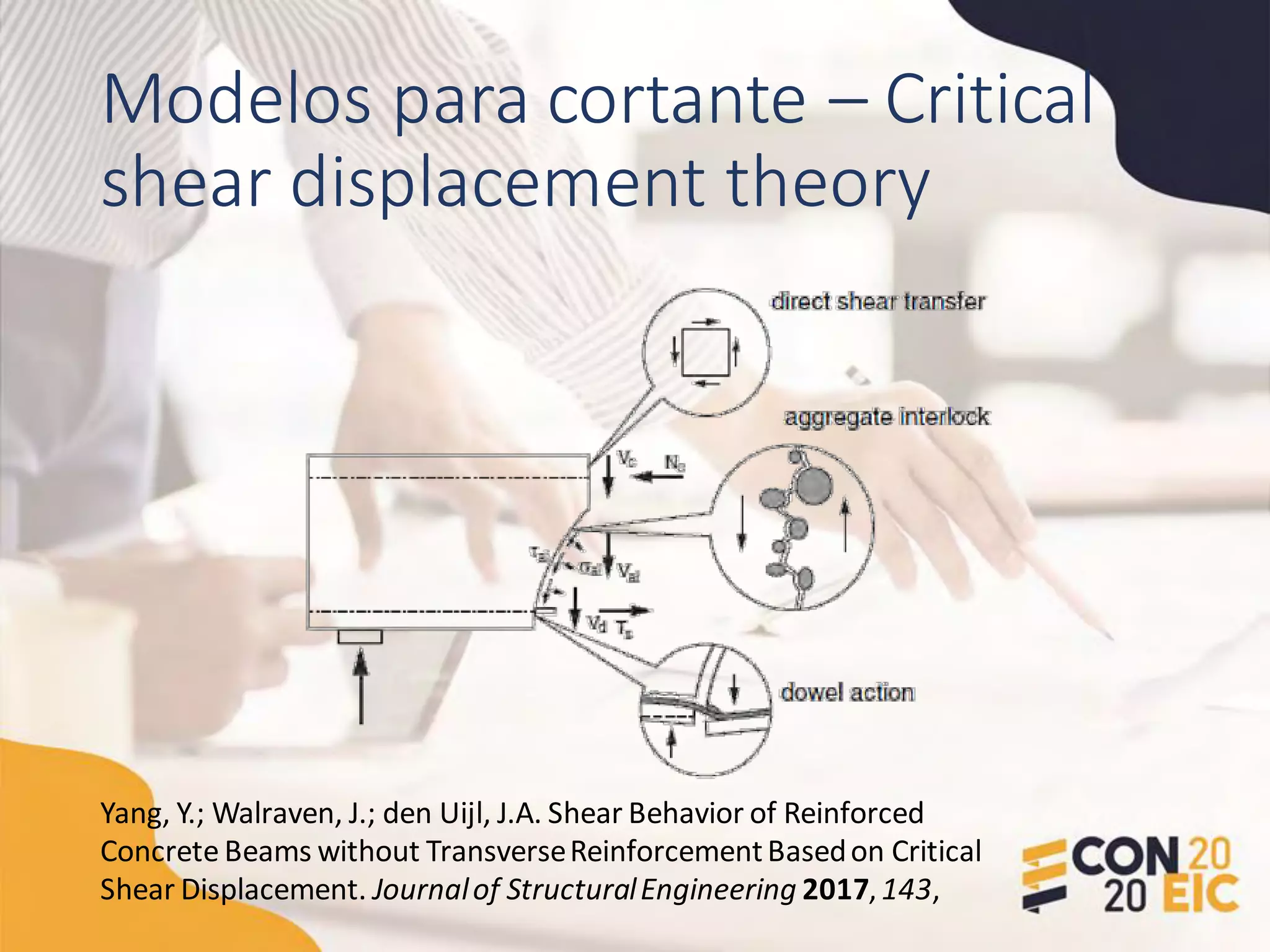 Modelos para cortante – Critical
shear displacement theory
Yang, Y.; Walraven, J.; den Uijl, J.A. Shear Behavior of Reinforced
Concrete Beams without TransverseReinforcementBasedon Critical
Shear Displacement. Journalof StructuralEngineering 2017,143,
 
