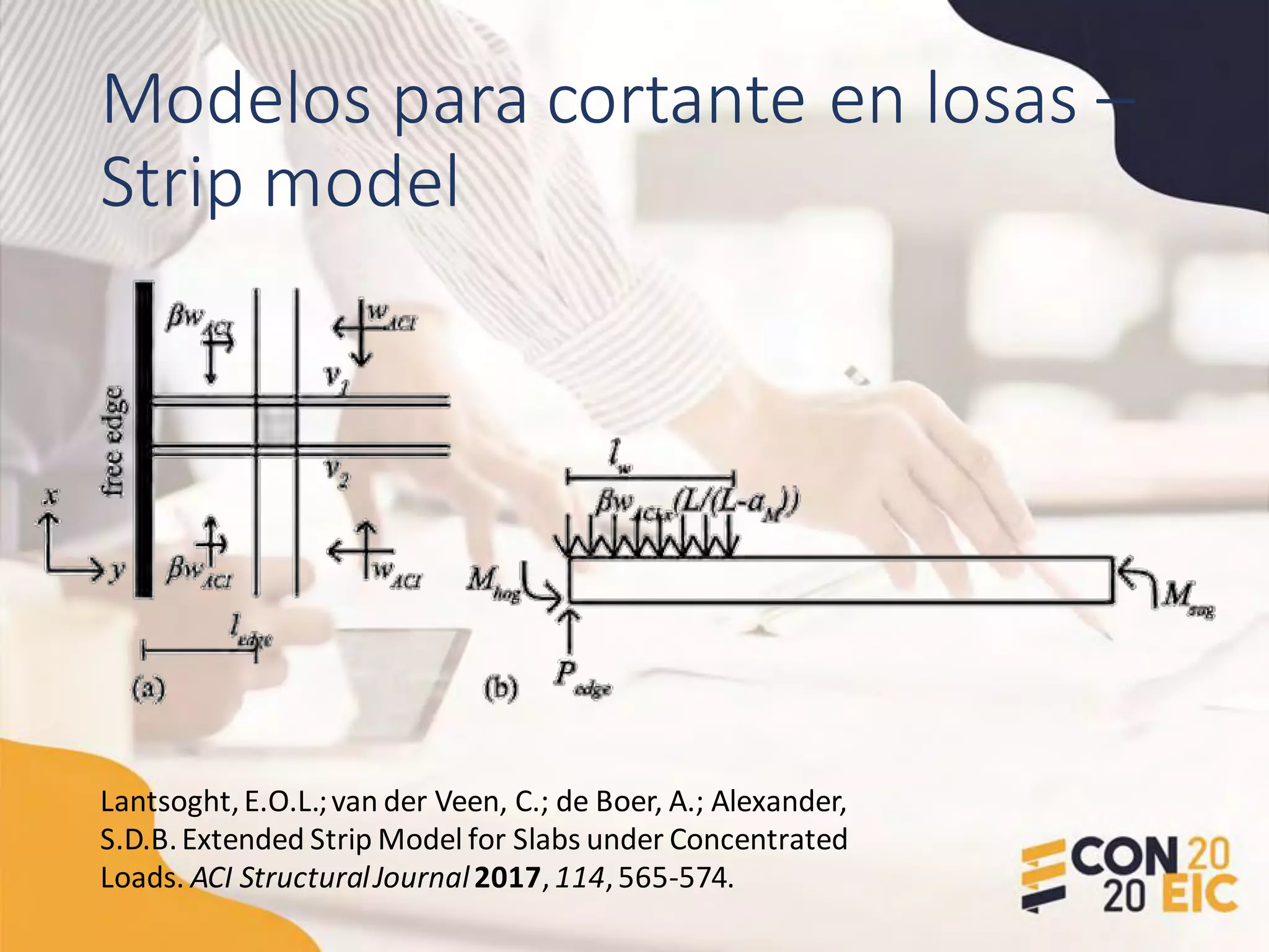 Modelos para cortante en losas –
Strip model
Lantsoght,E.O.L.;van der Veen, C.; de Boer, A.; Alexander,
S.D.B.Extended Strip Model for Slabs under Concentrated
Loads. ACI StructuralJournal2017,114,565-574.
 