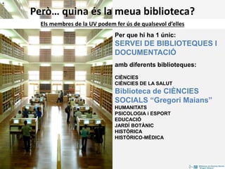 Per que hi ha 1 únic:
SERVEI DE BIBLIOTEQUES I
DOCUMENTACIÓ
amb diferents biblioteques:
CIÈNCIES
CIÈNCIES DE LA SALUT
Biblioteca de CIÈNCIES
SOCIALS “Gregori Maians”
HUMANITATS
PSICOLOGIA i ESPORT
EDUCACIÓ
JARDÍ BOTÀNIC
HISTÒRICA
HISTÒRICO-MÈDICA
Però… quina és la meua biblioteca?
4
Els membres de la UV podem fer ús de qualsevol d’elles
 