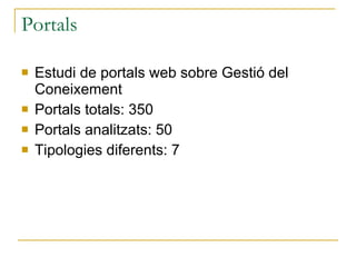 Portals Estudi de portals web sobre Gestió del Coneixement Portals totals: 350 Portals analitzats: 50 Tipologies diferents: 7 