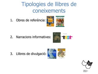 Tipologies de llibres de
coneixements
1. Obres de referència:
2. Narracions informatives:
3. Llibres de divulgació:
 