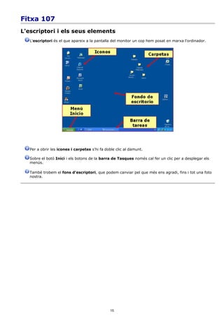 Fitxa 107
L'escriptori i els seus elements
   L'escriptori és el que apareix a la pantalla del monitor un cop hem posat en marxa l'ordinador.




   Per a obrir les icones i carpetes s'hi fa doble clic al damunt.

   Sobre el botó Inici i els botons de la barra de Tasques només cal fer un clic per a desplegar els
   menús.

   També trobem el fons d'escriptori, que podem canviar pel que més ens agradi, fins i tot una foto
   nostra.




                                               15
 