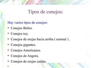 Tipos de conejos:
Hay varios tipos de conejos:
●
Conejos Belier.
●
Conejos toy.
●
Conejos de orejas hacia arriba ( normal ) .
●
Conejos gigantes.
●
Conejos Americanos.
●
Conejos de Angora.
●
Conejos de orejas caídas.
●
