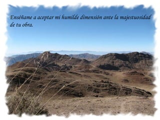 Enséñame a aceptar mi humilde dimensión ante la majestuosidad de tu obra. 