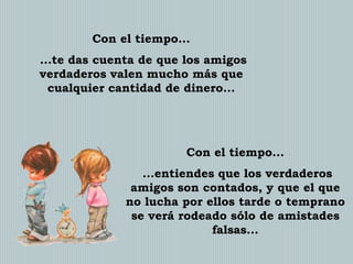 Con el tiempo...
...te das cuenta de que los amigos
verdaderos valen mucho más que
cualquier cantidad de dinero...

Con el tiempo...

...entiendes que los verdaderos
amigos son contados, y que el que
no lucha por ellos tarde o temprano
se verá rodeado sólo de amistades
falsas...

 