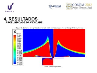 4. RESULTADOS
PROFUNDIDADE DA CAVIDADE

      Figura 10: Contornos de magnitude da vorticidade média normalizada para uma cavidade profunda e uma rasa.




                                                  Fonte: Elaborado pelo autor.
 