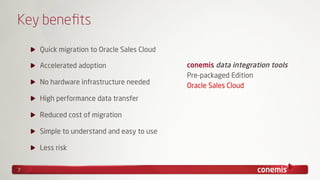 Key beneﬁts
"   Quick migration to Oracle Sales Cloud
"

Accelerated adoption

"

No hardware infrastructure needed

"   High performance data transfer
"

Reduced cost of migration

"   Simple to understand and easy to use
"
7

Less risk

conemis data integration tools
Pre-packaged Edition
Oracle Sales Cloud

 