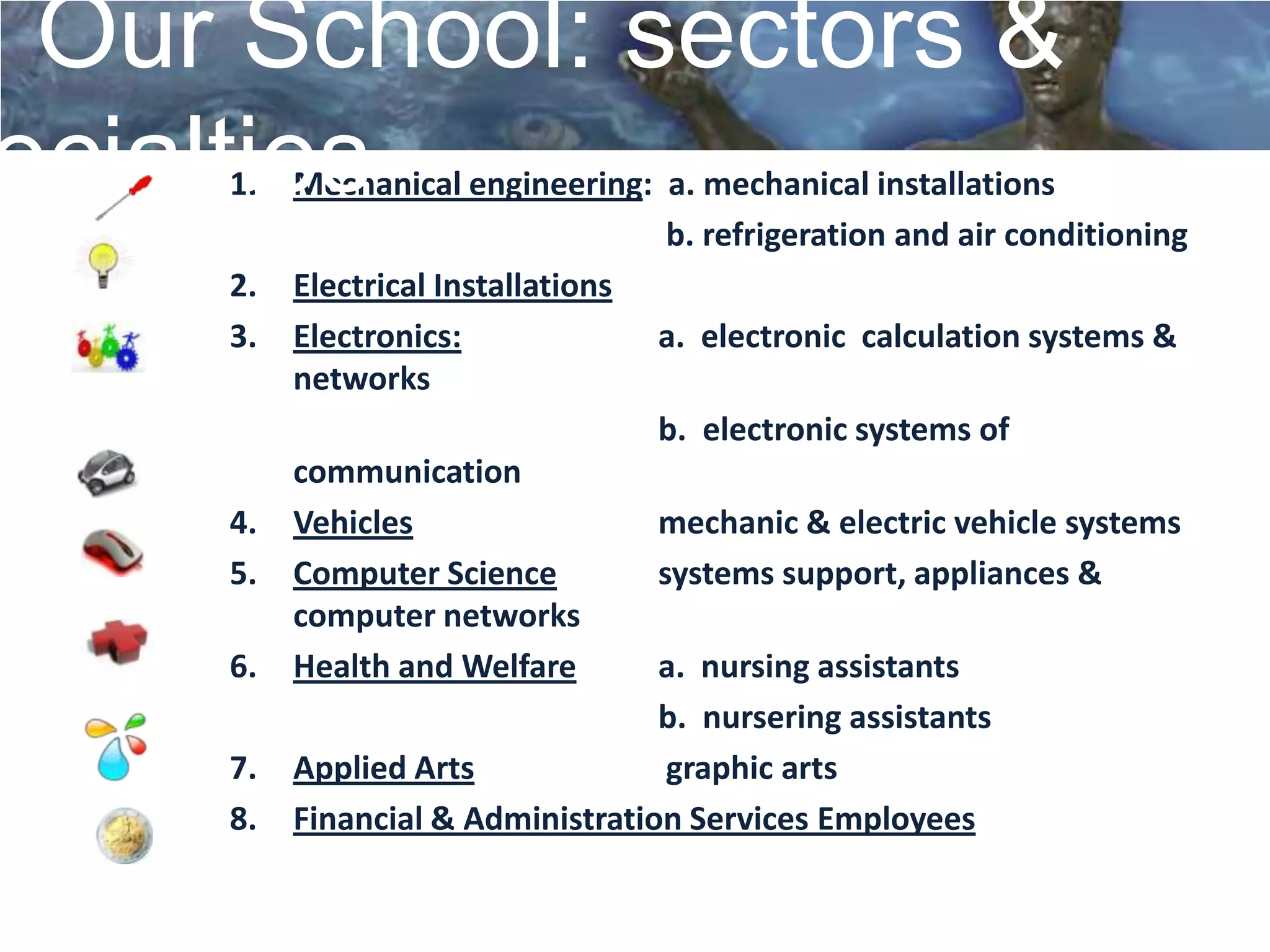 Our School: sectors &
ecialties
    1.   Mechanical engineering: a. mechanical installations
                                   b. refrigeration and air conditioning
    2.   Electrical Installations
    3.   Electronics:             a. electronic calculation systems &
         networks
                                  b. electronic systems of
         communication
    4.   Vehicles                 mechanic & electric vehicle systems
    5.   Computer Science         systems support, appliances &
         computer networks
    6.   Health and Welfare       a. nursing assistants
                                  b. nursering assistants
    7.   Applied Arts              graphic arts
    8.   Financial & Administration Services Employees
 