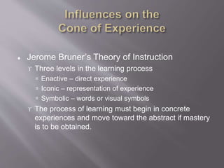  Jerome Bruner’s Theory of Instruction
 Three levels in the learning process
 Enactive – direct experience
 Iconic – representation of experience
 Symbolic – words or visual symbols
 The process of learning must begin in concrete
experiences and move toward the abstract if mastery
is to be obtained.
 