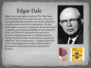 3
Edgar Dale
Edgar Dale (1900-1985) served on The Ohio State
University faculty from 1929 until 1970. He was an
internationally renowned pioneer in the utilization
of audio-visual materials in instruction. He also
made major research contributions in the teaching of
vocabulary and testing readability of texts. Jeanne S.
Chall, an OSU Ph.D. graduate who went on to
become a leading innovator in reading research.
Perhaps Professor Dale's most famous concept was
called the "cone of experience," a graphic depiction
of the relationship between how information is
presented in instruction and the outcomes for
learners.
- Take from the Ohio State University Website
http://ehe.osu.edu/edtl/about/tradition.cfm#dale
 