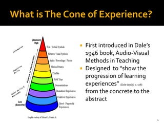4
What isThe Cone of Experience?
 First introduced in Dale’s
1946 book, Audio-Visual
Methods inTeaching
 Designed to “show the
progression of learning
experiences” (Dale (1969) p. 108)
from the concrete to the
abstract
 