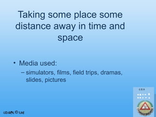 Taking some place some
distance away in time and
space
• Media used:
– simulators, films, field trips, dramas,
slides, pictures

 