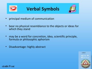 Verbal Symbols
• principal medium of communication
• bear no physical resemblance to the objects or ideas for
which they stand
• may be a word for concretion, idea, scientific principle,
formula or philosophic aphorism
• Disadvantage: highly abstract

 