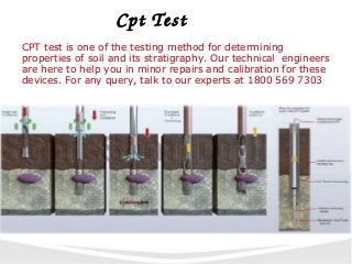 Cpt Test
CPT test is one of the testing method for determining
properties of soil and its stratigraphy. Our technical engineers
are here to help you in minor repairs and calibration for these
devices. For any query, talk to our experts at 1800 569 7303
 