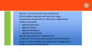 Sección I: En esta sección está el listado de
Enfermedades Laborales por factor de riesgo
ocupacional, ocupaciones e industrias y diagnósticos
médicos asociados.
• Agentes Químicos.
• Agentes Físicos.
• Agentes Biológicos.
• Agentes Psicosociales.
Agentes Biomecánicos o ergonómicos.
2. Sección II: En esta sección puedes encontrar todo el
grupo de enfermedades para determinar el diagnóstico
médico, la cual tiene dos partes
.
 