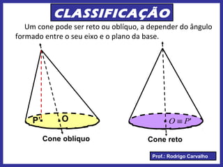 Prof.: Rodrigo Carvalho
CLASSIFICAÇÃO
Um cone pode ser reto ou oblíquo, a depender do ângulo
formado entre o seu eixo e o plano da base.
O. .
Cone oblíquo Cone reto
'PO ≡.P’
 