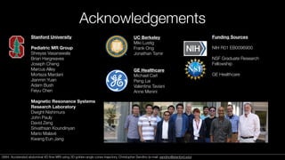 Acknowledgements
Stanford University
Pediatric MR Group
Shreyas Vasanawala
Brian Hargreaves
Joseph Cheng
Marcus Alley
Morteza Mardani
Jianmin Yuan
Adam Bush
Feiyu Chen
Magnetic Resonance Systems
Research Laboratory
Dwight Nishimura
John Pauly
David Zeng
Srivathsan Koundinyan
Mario Malavé
Kwang Eun Jang
UC Berkeley
Miki Lustig
Frank Ong
Jonathan Tamir
GE Healthcare
Michael Carl
Peng Lai
Valentina Taviani
Anne Menini
Funding Sources
NIH R01 EB0096900
NSF Graduate Research
Fellowship
GE Healthcare
0684. Accelerated abdominal 4D ﬂow MRI using 3D golden-angle cones trajectory. Christopher Sandino (e-mail: sandino@stanford.edu)0684. Accelerated abdominal 4D ﬂow MRI using 3D golden-angle cones trajectory. Christopher Sandino (e-mail: sandino@stanford.edu)
 
