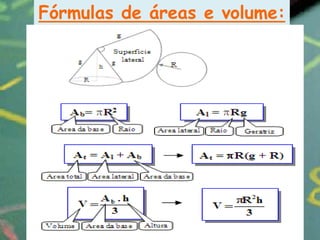 Fórmulas de áreas e volume:
 