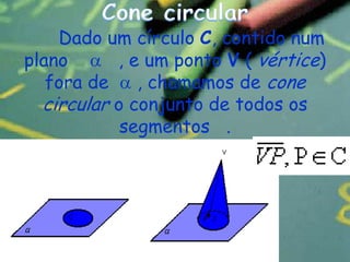 Dado um círculo C, contido num
plano      , e um ponto V ( vértice)
   fora de    , chamamos de cone
  circular o conjunto de todos os
            segmentos .
 