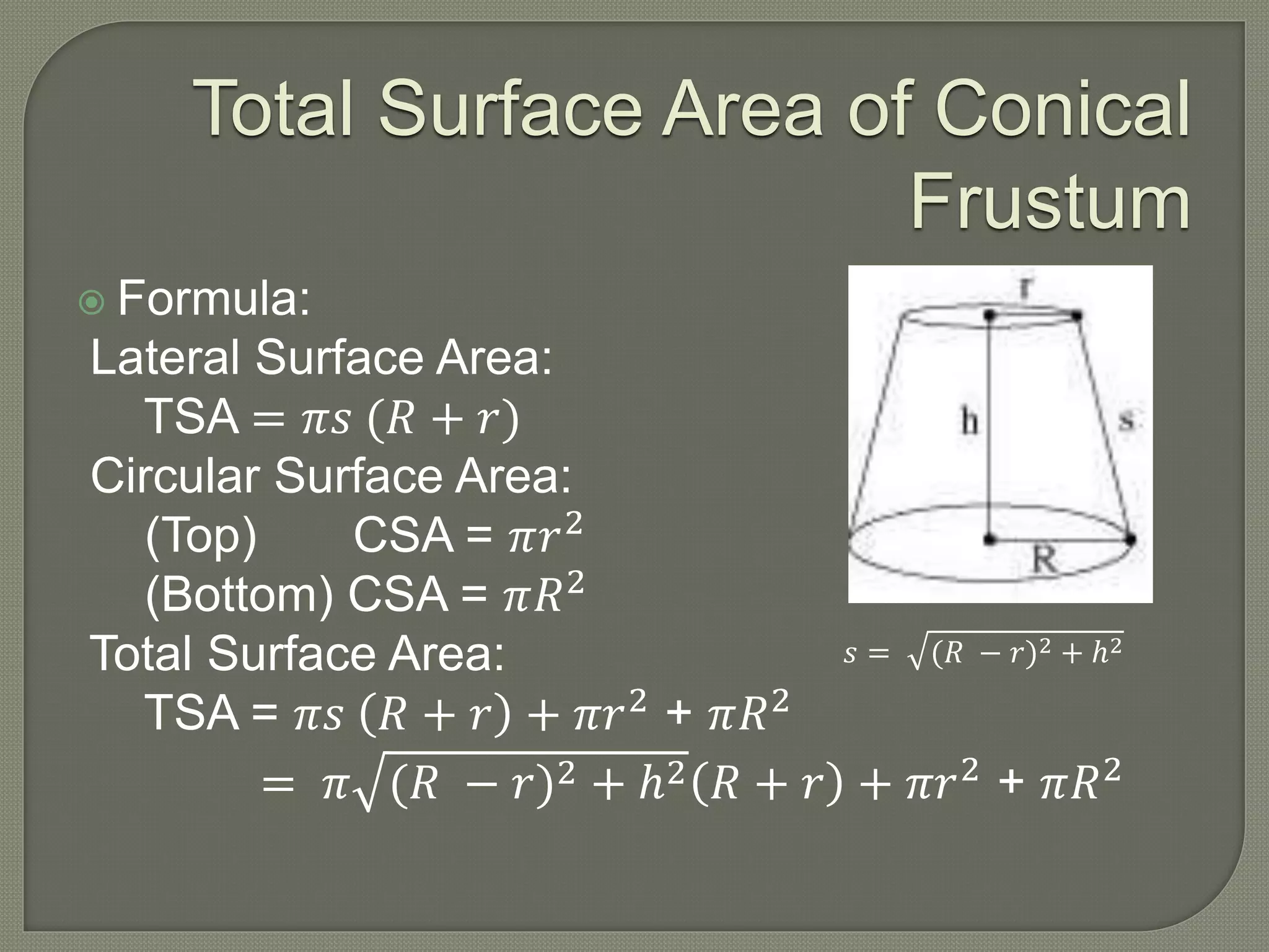 Total Surface Area of Conical
Frustum
𝑠 = (𝑅 − 𝑟)2 + ℎ2
 Formula:
Lateral Surface Area:
TSA = 𝜋𝑠 (𝑅 + 𝑟)
Circular Surface Area:
(Top) CSA = 𝜋𝑟2
(Bottom) CSA = 𝜋𝑅2
Total Surface Area:
TSA = 𝜋𝑠 𝑅 + 𝑟 + 𝜋𝑟2 + 𝜋𝑅2
= 𝜋 (𝑅 − 𝑟)2 + ℎ2 𝑅 + 𝑟 + 𝜋𝑟2 + 𝜋𝑅2
 