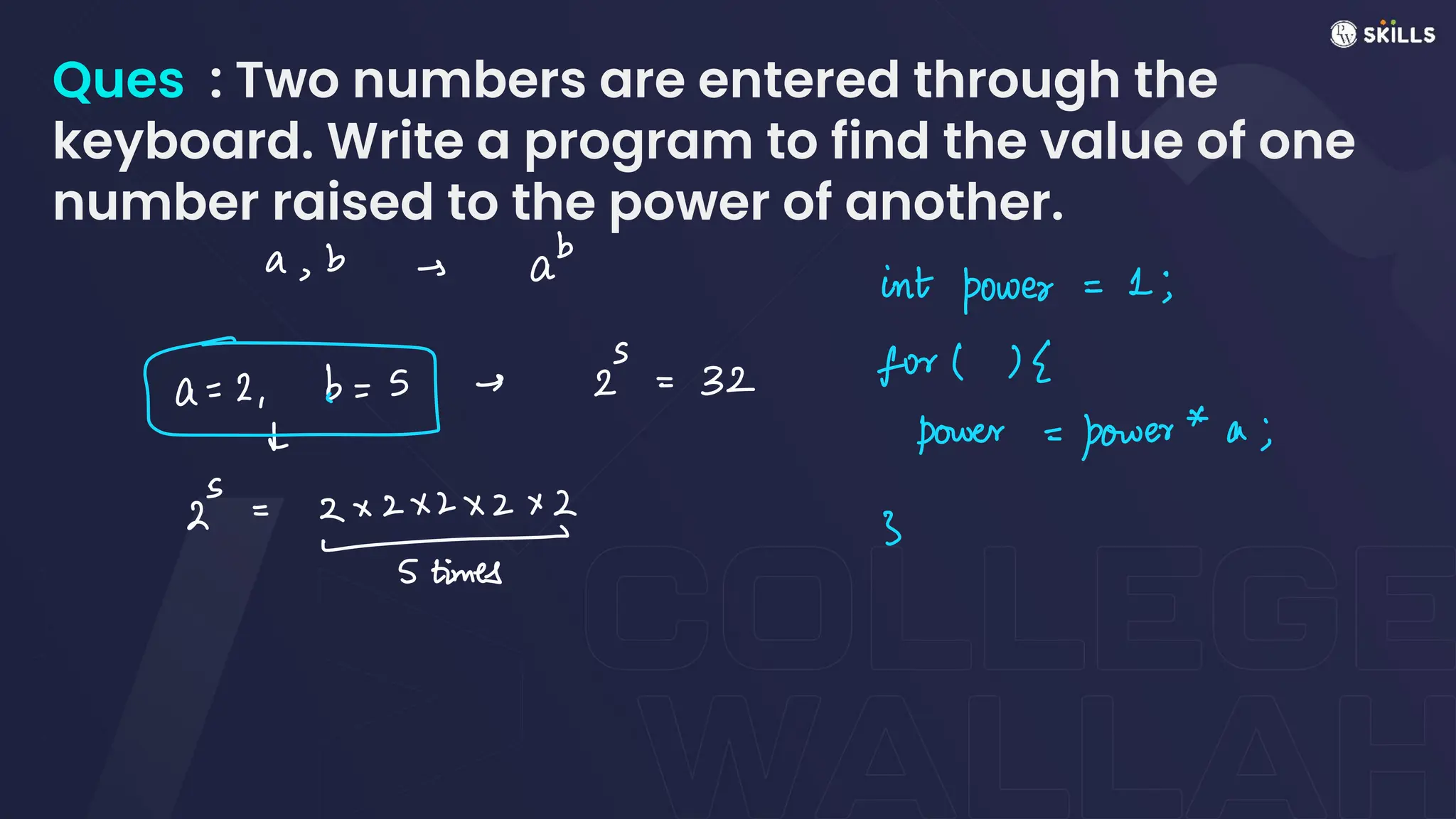 Ques : Two numbers are entered through the
keyboard. Write a program to find the value of one
number raised to the power of another.
a, b i ab int power=1;
b
= + 2 = 32 for">S
↓ power-power *a;
S
2 - 2 x 2x2x2x2
- 3
5 times
 