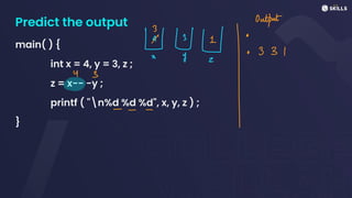 Predict the output
main( ) {
int x = 4, y = 3, z ;
z = x-- -y ;
printf ( "n%d %d %d", x, y, z ) ;
}
⑱ NE. OutThe
U 3
. . .
I
O
 