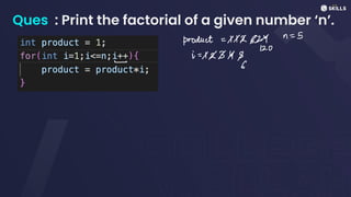 Ques : Print the factorial of a given number ‘n’.
product =
xX*6*n
=
5
-
i =
x*M*6
 