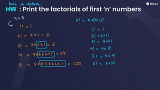HW : Print the factorials of first ‘n’ numbers
Done in Lecture
-
-
n
=
5
n =
nx(n-
1)!
↳
1! = 1
11 =
1
2 = 2x1 =
2
2! = 2x1!
3
=
3x(N=
6
3
=
3x21
u! =
4x3
u
=
uxx1
=
24
5
= Sxy)
5!
=
545x1 = 120 6 =
6x5!
 