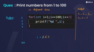 Ques : Print numbers from 1 to 100
in different lines Output
Oput: L 4 -
5 - 6
in
. i =
123
I
1-2-3-
&
100
 