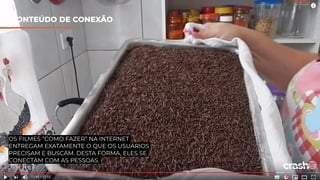 CONTEÚDO DE CONEXÃO
OS FILMES “COMO FAZER” NA INTERNET
ENTREGAM EXATAMENTE O QUE OS USUÁRIOS
PRECISAM E BUSCAM. DESTA FORMA, ELES SE
CONECTAM COM AS PESSOAS.
 