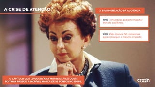A CRISE DE ATENÇÃO 3. FRAGMENTAÇÃO DA AUDIÊNCIA
1990 3 inserções podiam impactar
80% da audiência
2016 Pelo menos 150 comerciais
para conseguir o mesmo impacto
O CAPÍTULO QUE LEVOU AO AR A MORTE DA VILÃ ODETE
ROITMAN PASSOU A INCRÍVEL MARCA DE 95 PONTOS NO IBOPE.
 