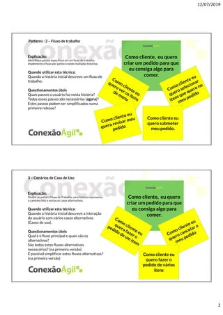 12/07/2019
2
Patterns : 2 – Fluxo de trabalho
Como cliente, eu quero
criar um pedido para que
eu consiga algo para
comer.
Explicação:
Identifique passos específicos em um fluxo de trabalho.
Implemente o fluxo por partes criando múltiplas histórias.
Quando utilizar esta técnica:
Quando a história inicial descreve um fluxo de
trabalho.
Questionamentos úteis
Quais passos o usuário faz nesta história?
Todos esses passos são necessários (agora)?
Estes passos podem ser simplificados numa
primeira release?
Como cliente eu
quero submeter
meu pedido.
3 – Cenários de Caso de Uso
Como cliente, eu quero
criar um pedido para que
eu consiga algo para
comer.
Explicação:
Similar ao patternFluxo de Trabalho, uma história representa
o caminho feliz e outrasos casos alternativos.
Quando utilizar esta técnica:
Quando a história inicial descreve a interação
do usuário com vários casos alternativos
(Casos de uso).
Questionamentos úteis
Qual é o fluxo principal e quais são os
alternativos?
São todos estes fluxos alternativos
necessários? (na primeira versão)
É possível simplificar estes fluxos alternativos?
(na primeira versão)
Como cliente eu
quero fazer o
pedido de vários
itens
 
