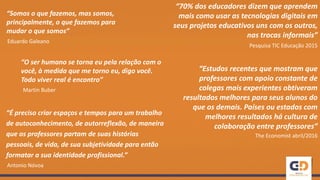 “Somos o que fazemos, mas somos,
principalmente, o que fazemos para
mudar o que somos”
Eduardo Galeano
“É preciso criar espaços e tempos para um trabalho
de autoconhecimento, de autorreflexão, de maneira
que os professores partam de suas histórias
pessoais, de vida, de sua subjetividade para então
formatar a sua identidade profissional.”
Antonio Nóvoa
“70% dos educadores dizem que aprendem
mais como usar as tecnologias digitais em
seus projetos educativos uns com os outros,
nas trocas informais”
“Estudos recentes que mostram que
professores com apoio constante de
colegas mais experientes obtiveram
resultados melhores para seus alunos do
que os demais. Países ou estados com
melhores resultados há cultura de
colaboração entre professores”
Pesquisa TIC Educação 2015
The Economist abril/2016
“O ser humano se torna eu pela relação com o
você, à medida que me torno eu, digo você.
Todo viver real é encontro”
Martin Buber
 