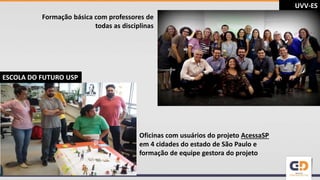 Oficinas com usuários do projeto AcessaSP
em 4 cidades do estado de São Paulo e
formação de equipe gestora do projeto
UVV-ES
ESCOLA DO FUTURO USP
Formação básica com professores de
todas as disciplinas
 