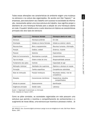 Todas essas alterações nas características do ambiente exigem uma mudança




                                                                                                           $#
na estrutura e na cultura das organizações. De acordo com Dan Tapscot,10 as
empresas, para executarem seu trabalho com sucesso na sociedade da informa-




                                                                                                         Conexão – Comunicação e Cultura, UCS, Caxias do Sul, v. 6, n. 11, jan./jun. 2007
ção, necessitarão adotar uma nova estrutura de trabalho. Isso significa propor o
abandono de uma hierarquia fechada para a adoção de uma hierarquia aberta
em rede. O quadro¹ detalha como o autor descreve em tópicos as características
principais dos dois tipos de estrutura:


 Organização                    Hierarquia fechada               Hierarquia aberta em rede

 Estrutura                      Hierarquia pirâmide              Em rede

 Orientação                     Voltada ao interior/fechada      Voltada ao exterior/ aberta

 Recurso-chave                  Bens e equipamentos              Recursos humanos, informação

 Posição                        Estática, estável                Dinâmica, mutante

 Pessoal                        Gestores                         Especialistas

 Modo de funcionamento          Recompensa e punição             Comprometimento

 Tipo de direção                Ordens vindas de cima            Responsabilidade pessoal

 Fundamento das ações           Controle                         Capacidade de agir

 Motivação individual           Satisfação dos superiores        Objetivos a alcançar em equipe

 Formação                       Tarefas específicas              Competências estendidas

 Base de retribuição            Posição hierárquica              Resultados obtidos, nível de
                                                                 competência

 Relações                       Concorrenciais (territórios)     Cooperativas (desafios
                                                                    compartilhados)

 Atitude do pessoal             Distanciamento                   Identificação

 Exigências principais          Gestão sadia                     Liderança

Quadro 1: Organização fundamentada na informação
Fonte: Adaptado de Tapscot (1997).


Como se pôde constatar, as sociedades organizadas em rede possuem uma
estrutura que permite e incentiva o compartilhamento de conhecimentos e o
surgimento de novas idéias, uma estrutura que incentiva o processo criativo. Já


10 TAPSCOT, Don. Economia digital: promessa e perigo na era da inteligência em rede. São Paulo: Makron
Books, 1997.
 