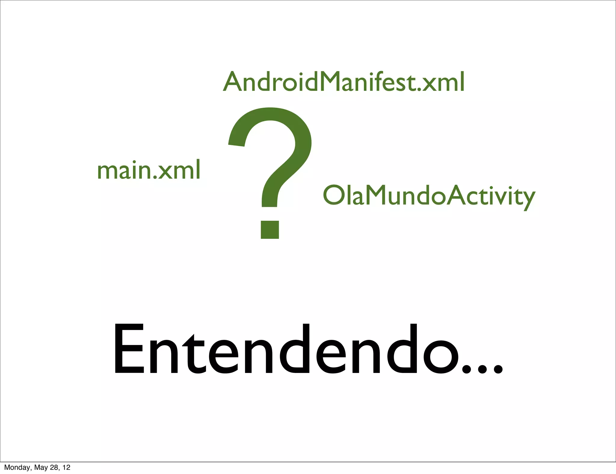 AndroidManifest.xml


                     main.xml

                                ?      OlaMundoActivity




                      Entendendo...
Monday, May 28, 12
 
