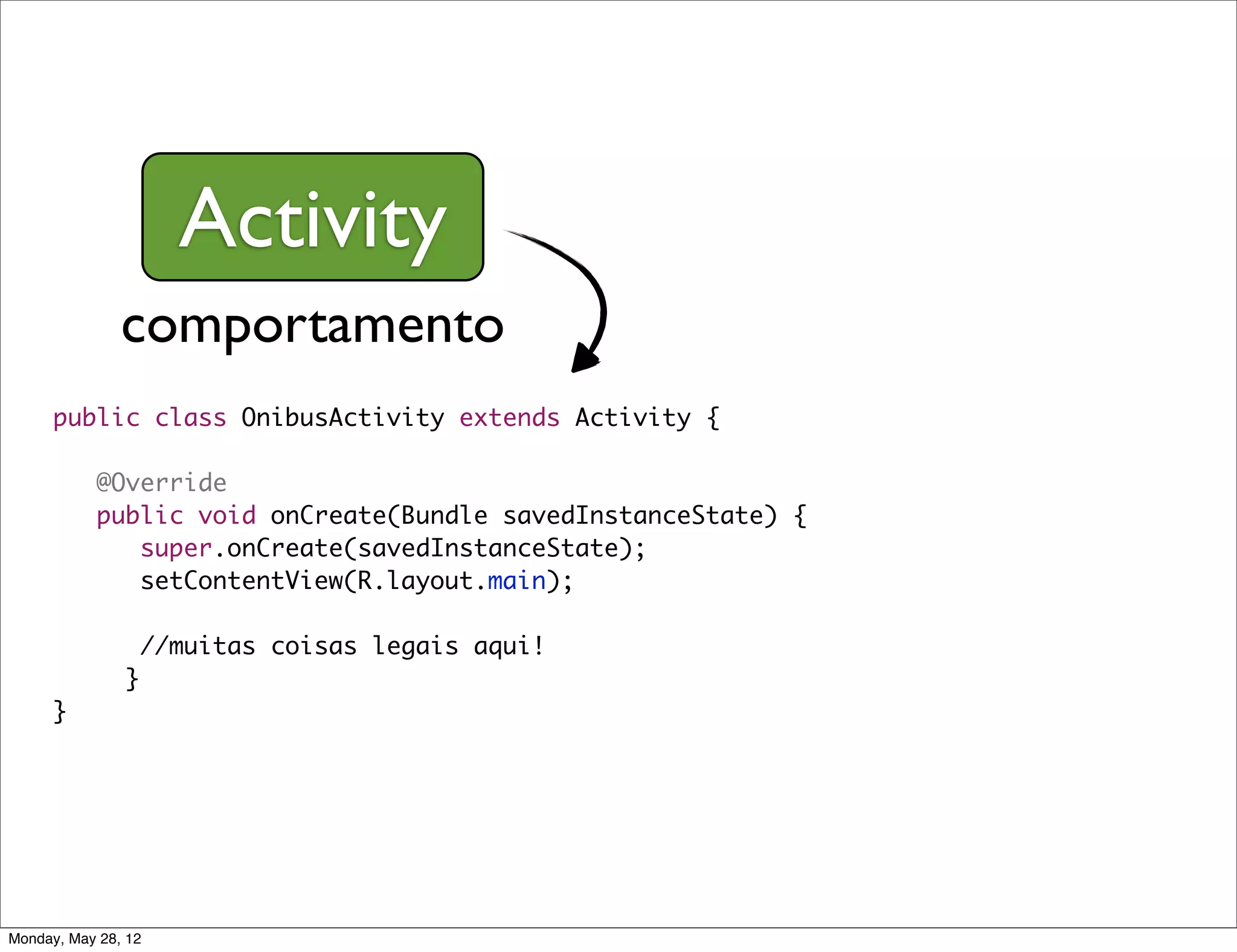Activity
               comportamento
      public class OnibusActivity extends Activity {

      	    @Override
      	    public void onCreate(Bundle savedInstanceState) {
      	    	 super.onCreate(savedInstanceState);
      	    	 setContentView(R.layout.main);

                //muitas coisas legais aqui!
               }
      }




Monday, May 28, 12
 