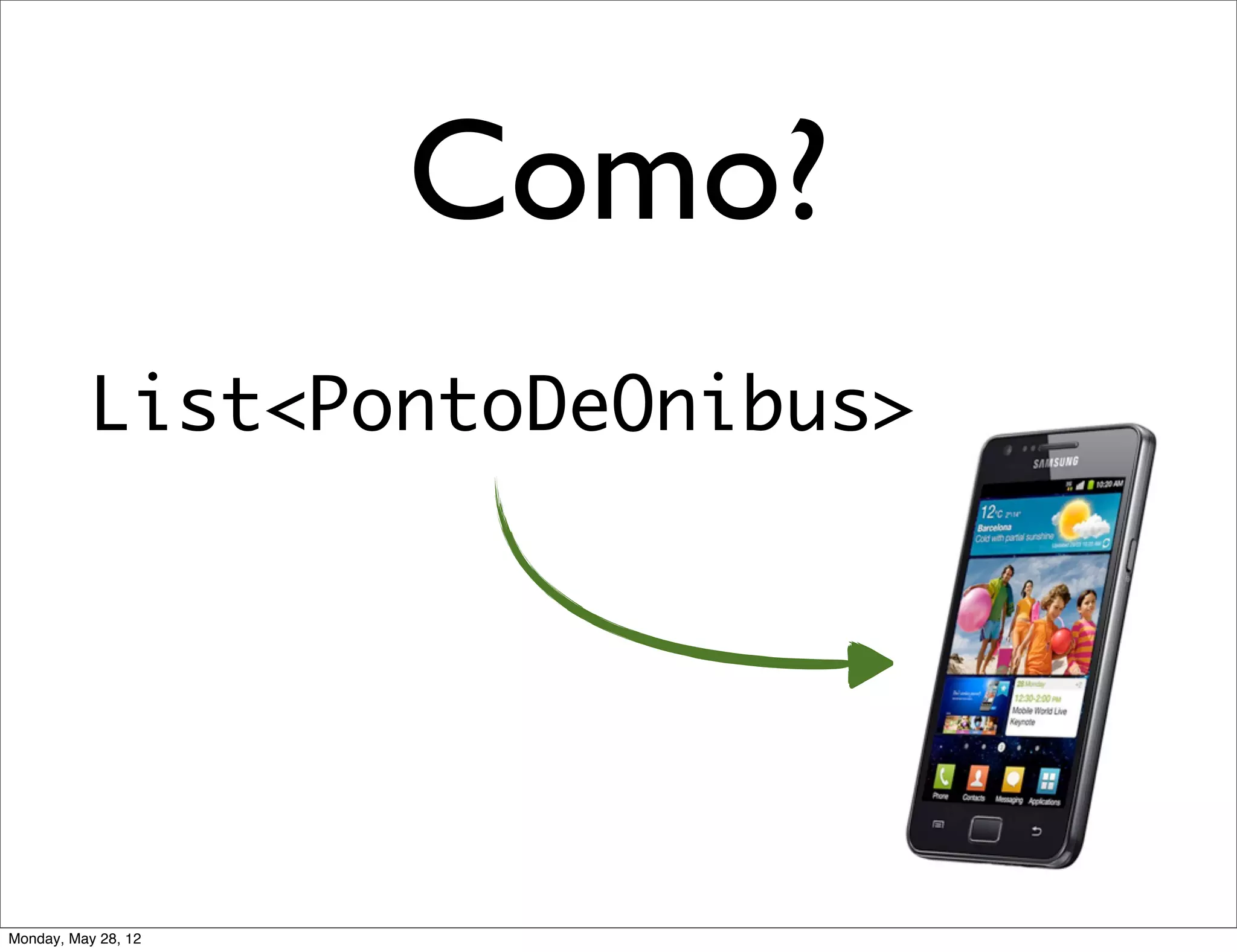 Como?
          List<PontoDeOnibus>




Monday, May 28, 12
 