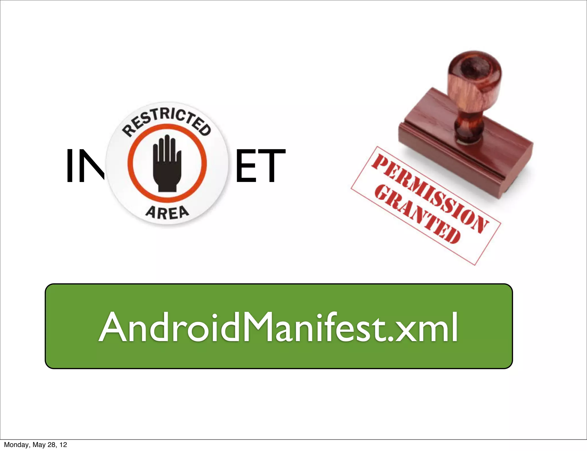 INTERNET


                     AndroidManifest.xml

Monday, May 28, 12
 