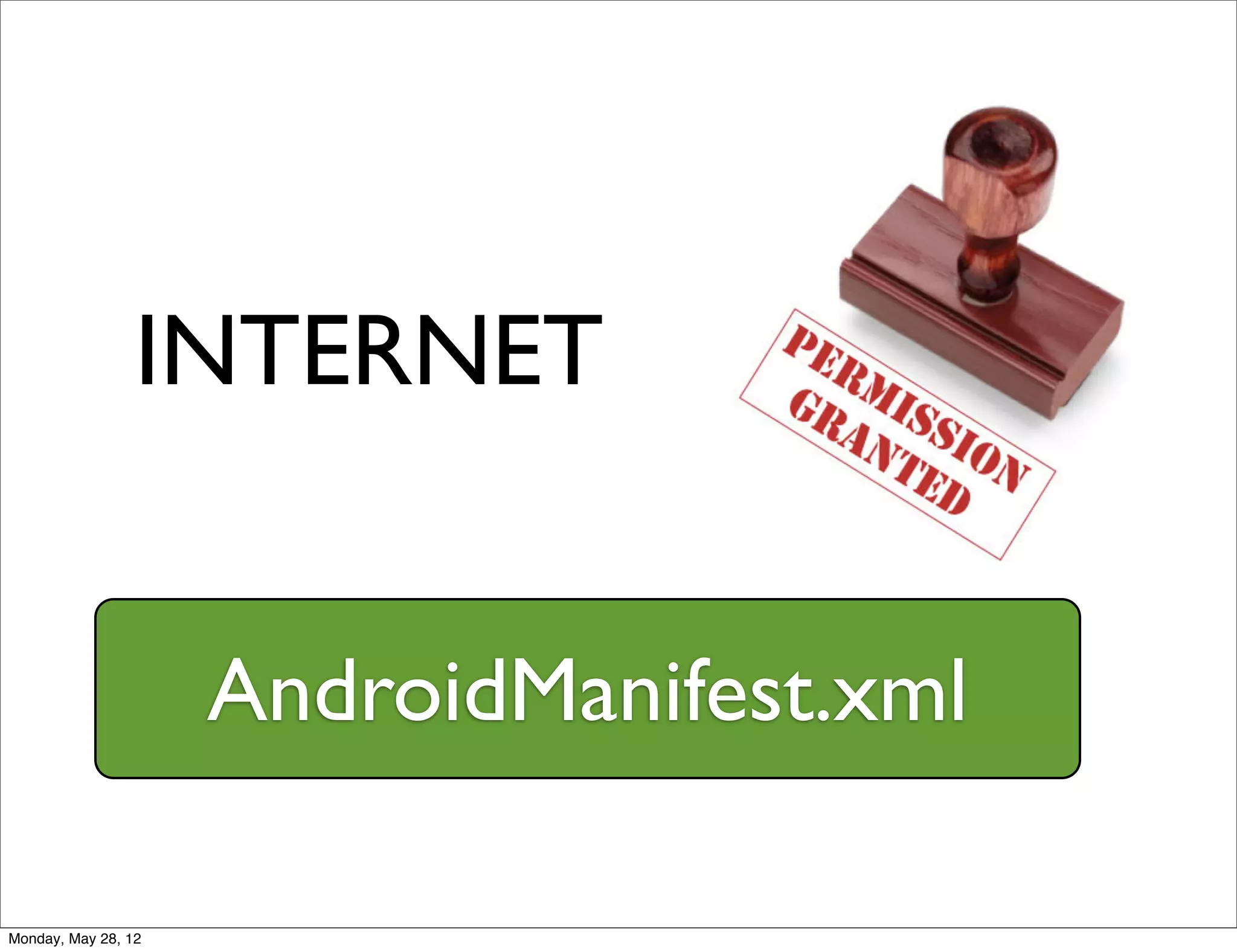 INTERNET


                     AndroidManifest.xml

Monday, May 28, 12
 