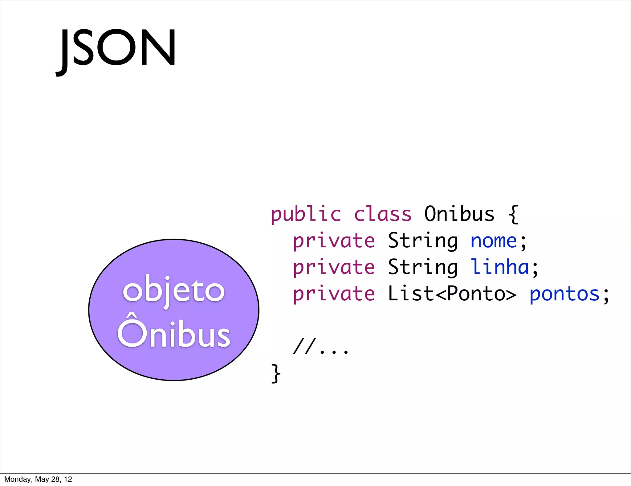 JSON


                              public class Onibus {
                              	 private String nome;
                              	 private String linha;
                     objeto   	 private List<Ponto> pontos;

                     Ônibus       //...
                              }




Monday, May 28, 12
 
